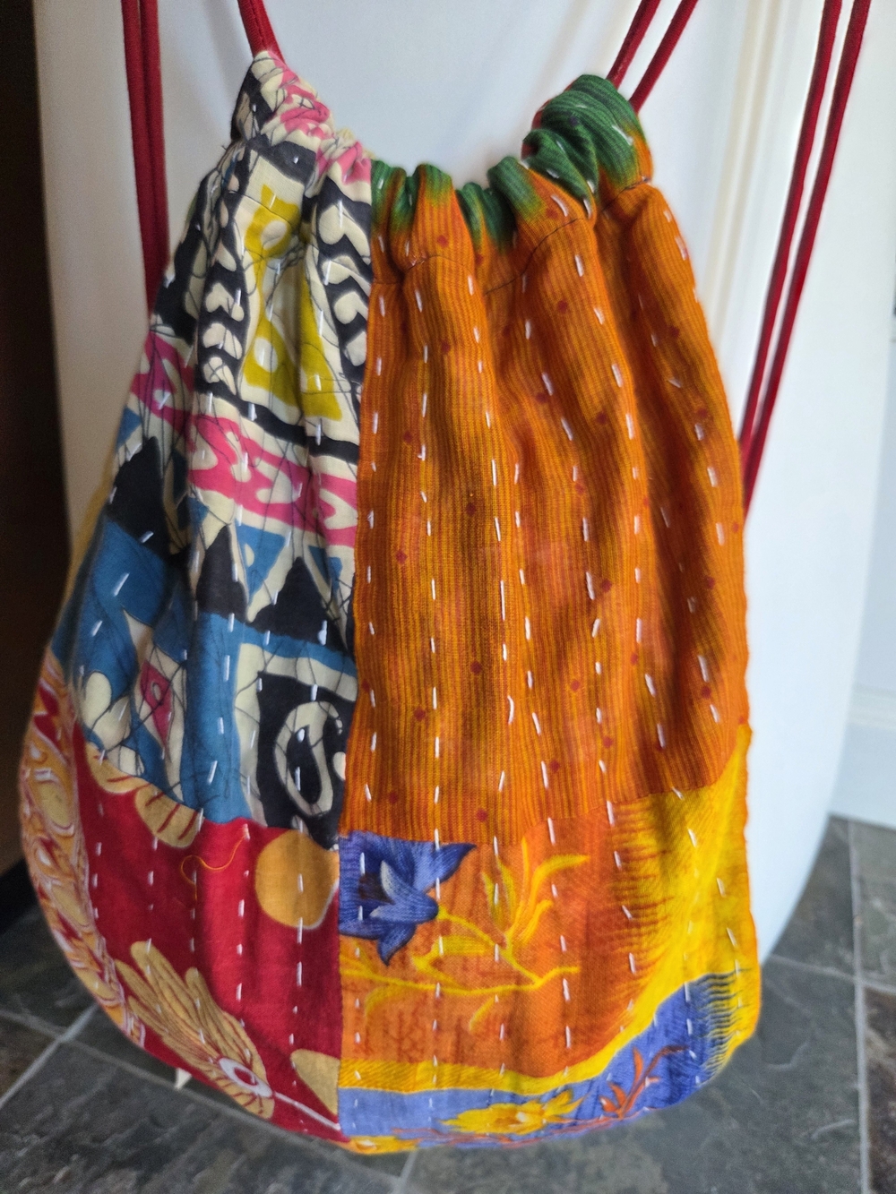 Multicolor Boho Drawstring Backpack - Patchwork Kantha Style - Picture 3 of 5